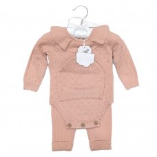 E07648: Baby Pink True Knit 3 Piece Outfit On A Satin Padded Hanger  (0-12 Months)